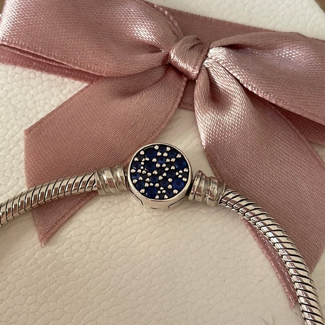 Genuine Pandora Moments Sparkling Blue Clasp Snake Chain Bracelet 18cm