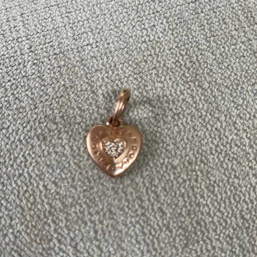 Genuine Pandora Rose Gold Logo Heart Pendant Clear CZ Dangle Charm
