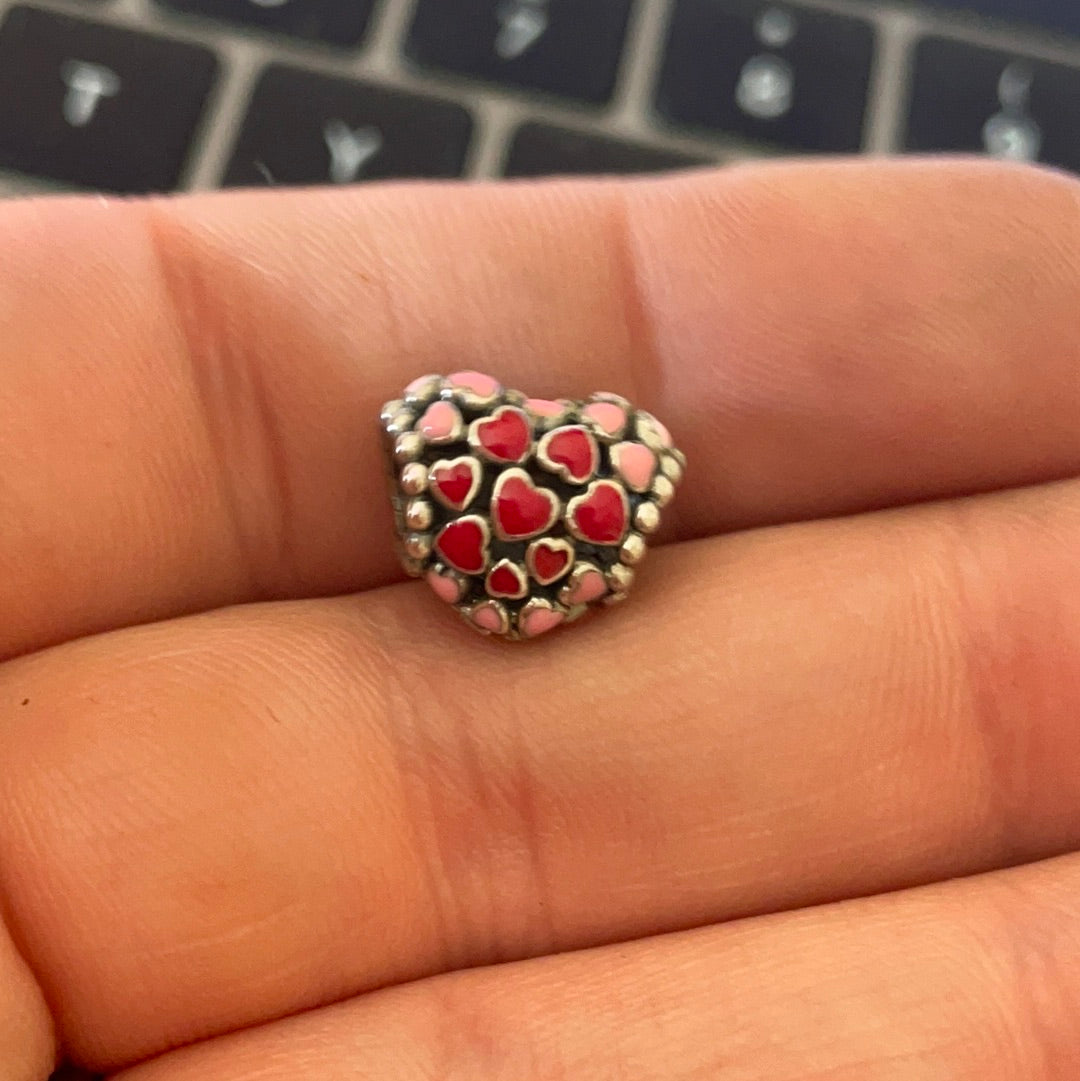 Genuine Pandora Light Pink and Red Enamel Hearts on an Openwork Heart Charm