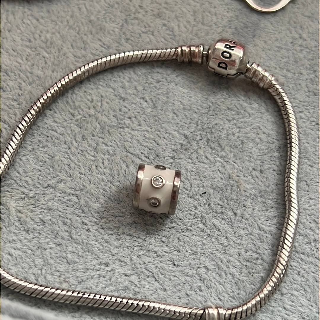 Genuine Pandora Purple White Promise Enamel Barrel charm With CZ Rare