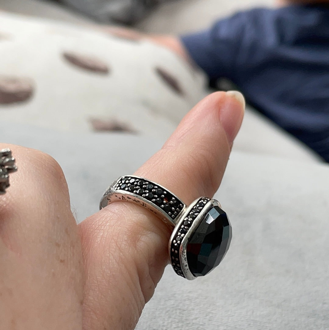 Thomas Sabo Sterling Silver Large Faceted Black Stone Statement Ring Size 51