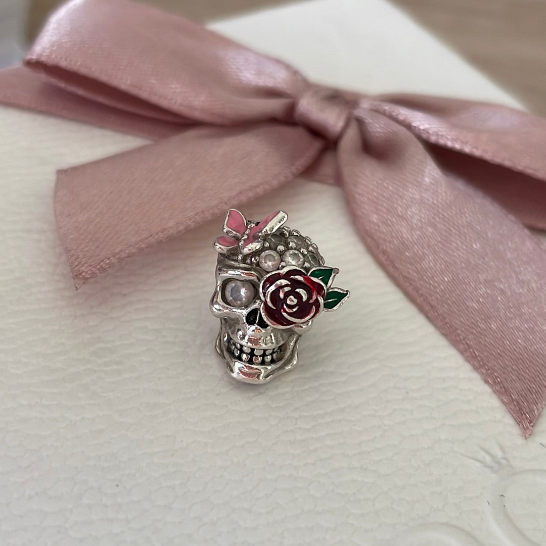 Sterling Silver Skull Charm With Enamel Rose and Butterly