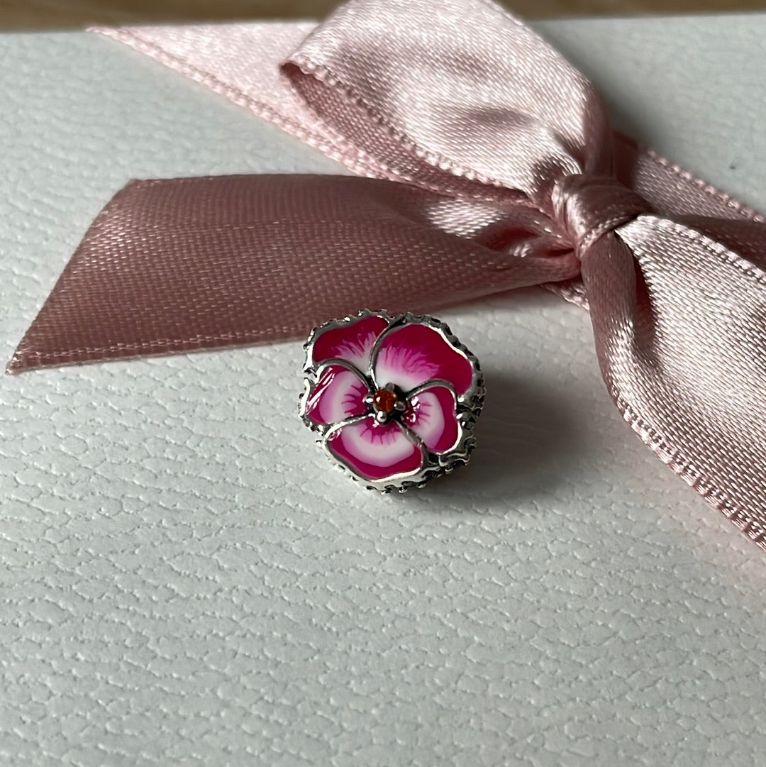 Genuine Pandora Pink Pansy Flower Pave and Enamel Charm