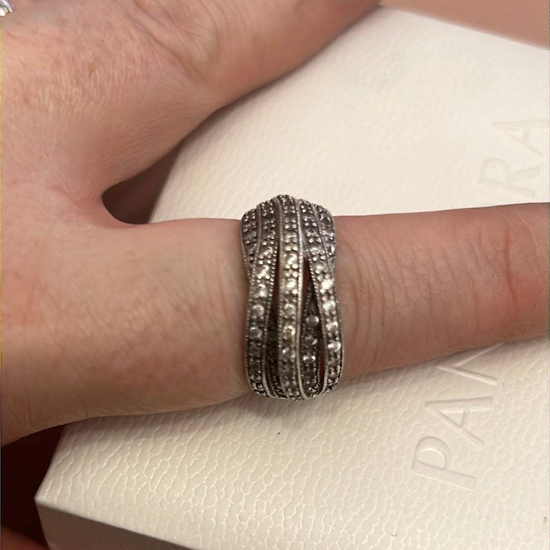 Sterling Silver Huge Clear CZ Pave Crossed Line Ring Size 58