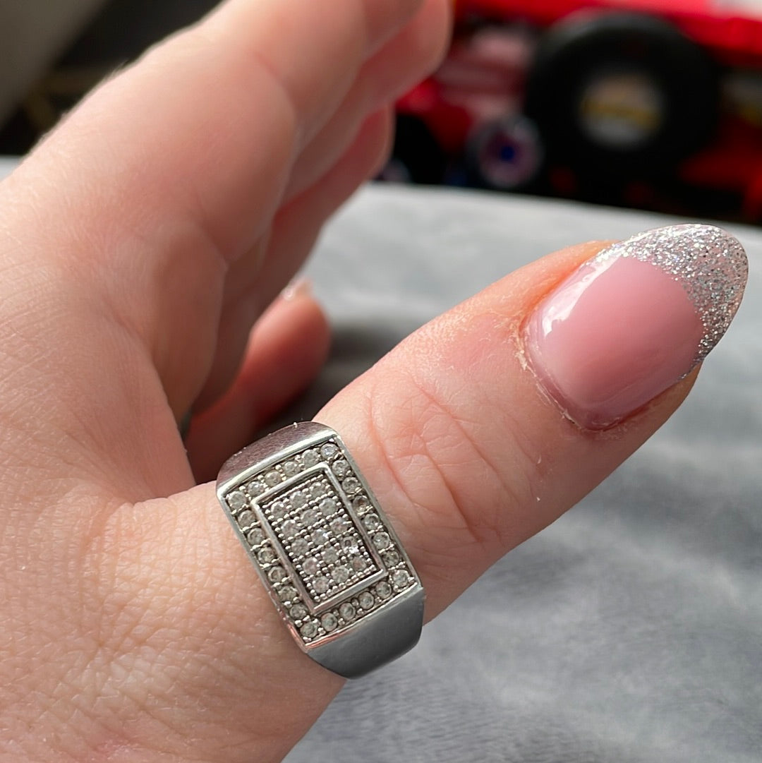 Sterling Silver Pave CZ Rectangle Statement Ring Size 64 Mens