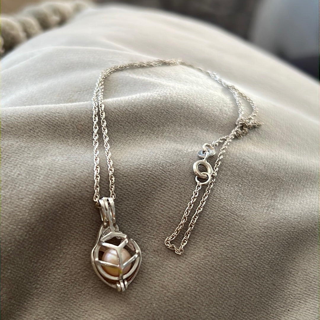 Sterling Silver Luminous Freshwater Pearl Cage Mother’s Love Necklace 50cm