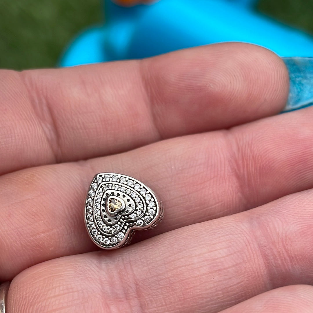 Genuine Pandora Pave Levelled Heart With Gold CZ Charm