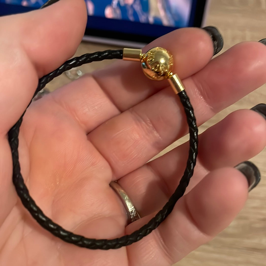 Genuine Pandora Single Black Leather Bracelet Shine Gold Clasp 19cm