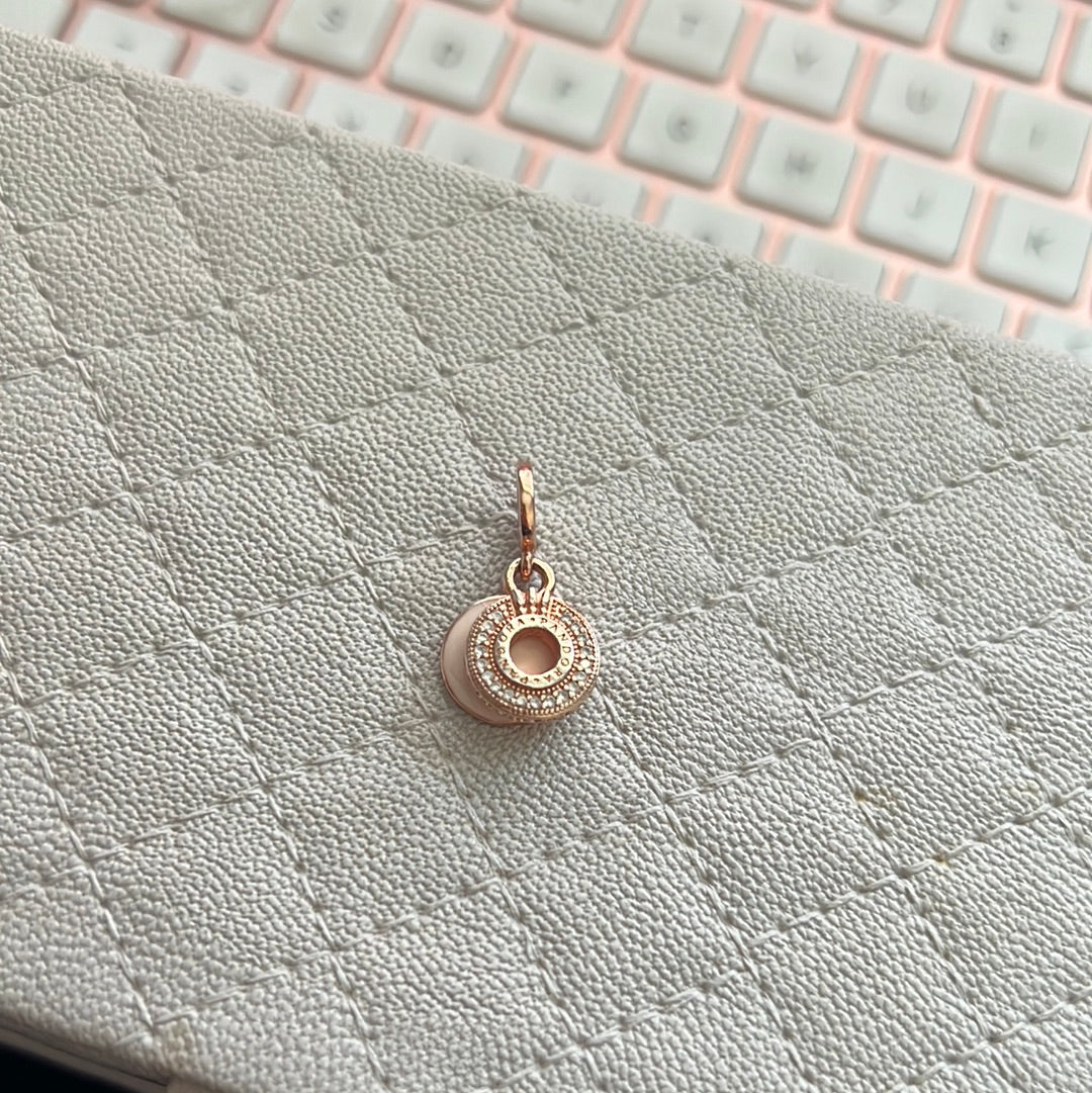 Genuine Pandora Rose Gold Pave Crown O Circle Pink Enamel Dangle Charm