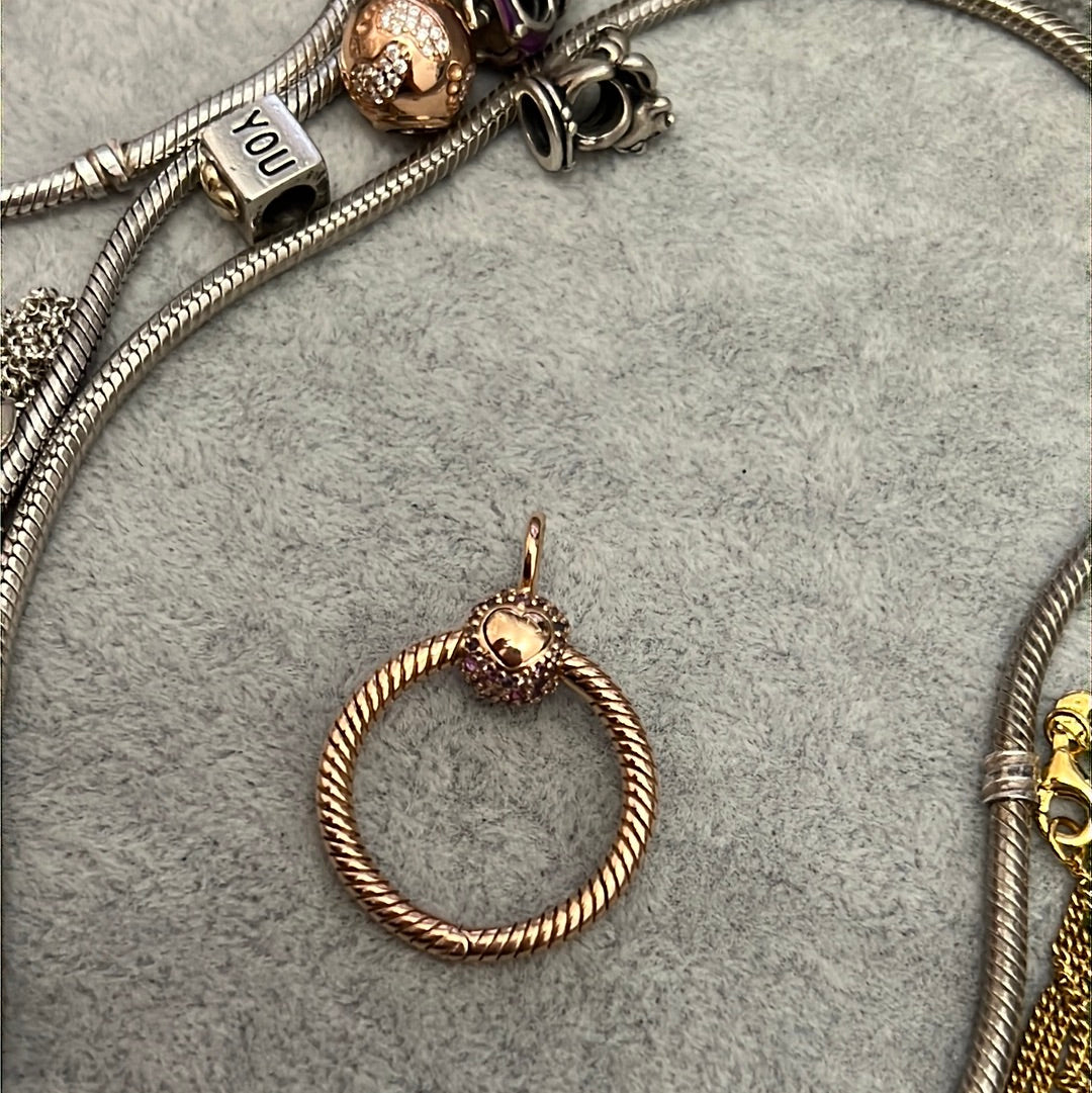Genuine Pandora Rose Gold Pink Pave  Small Ring Pendant Necklace Charm