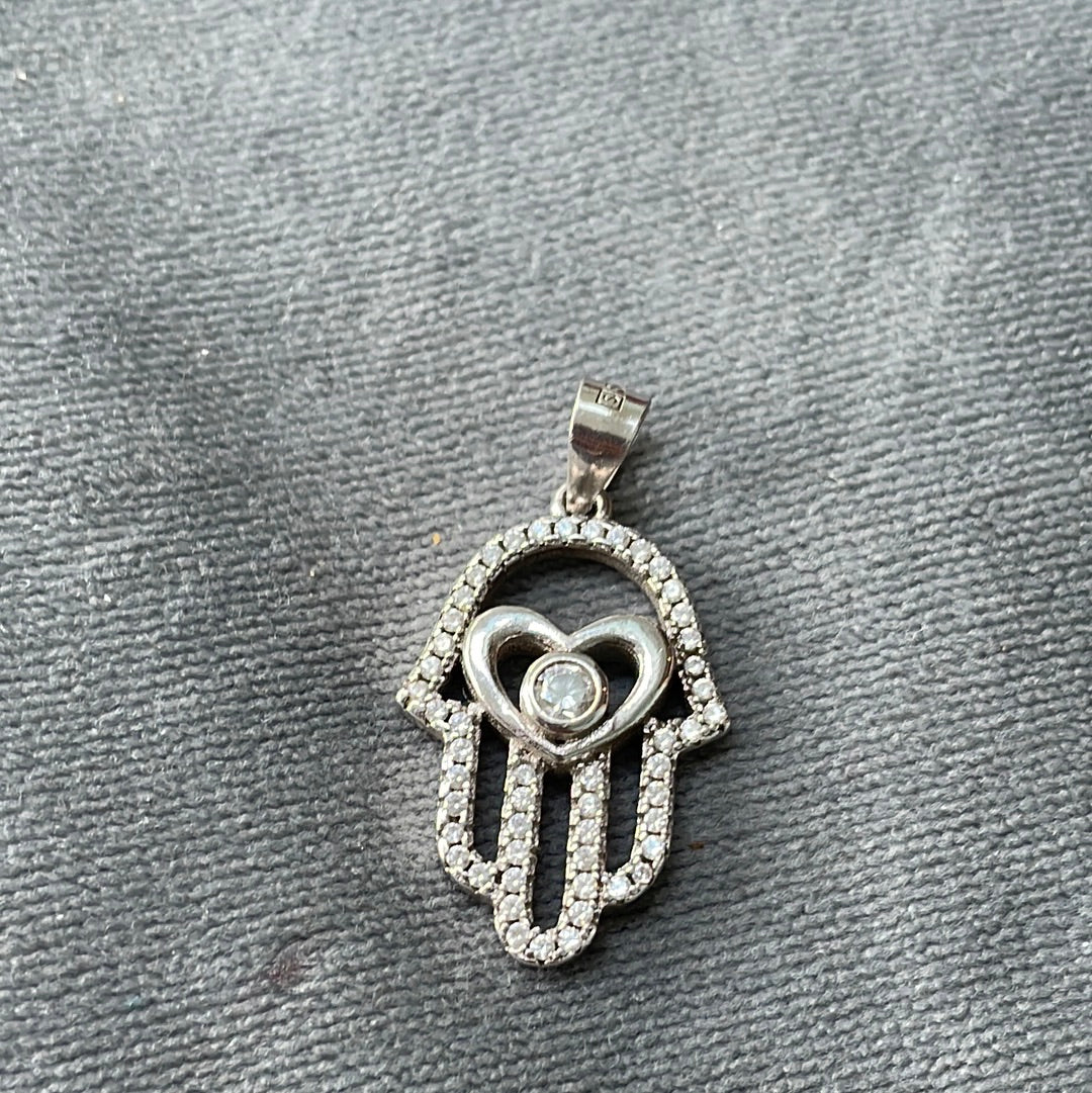 Sterling Silver Pave CZ Hamsa Hand Protection Sterling Silver Necklace Pendanr