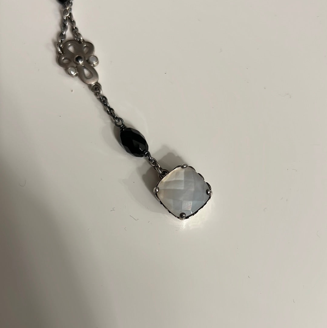 Genuine Pandora RARE and Beautiful White Pearl Mother of Pearl Pendant With Onyx Stones Necklace