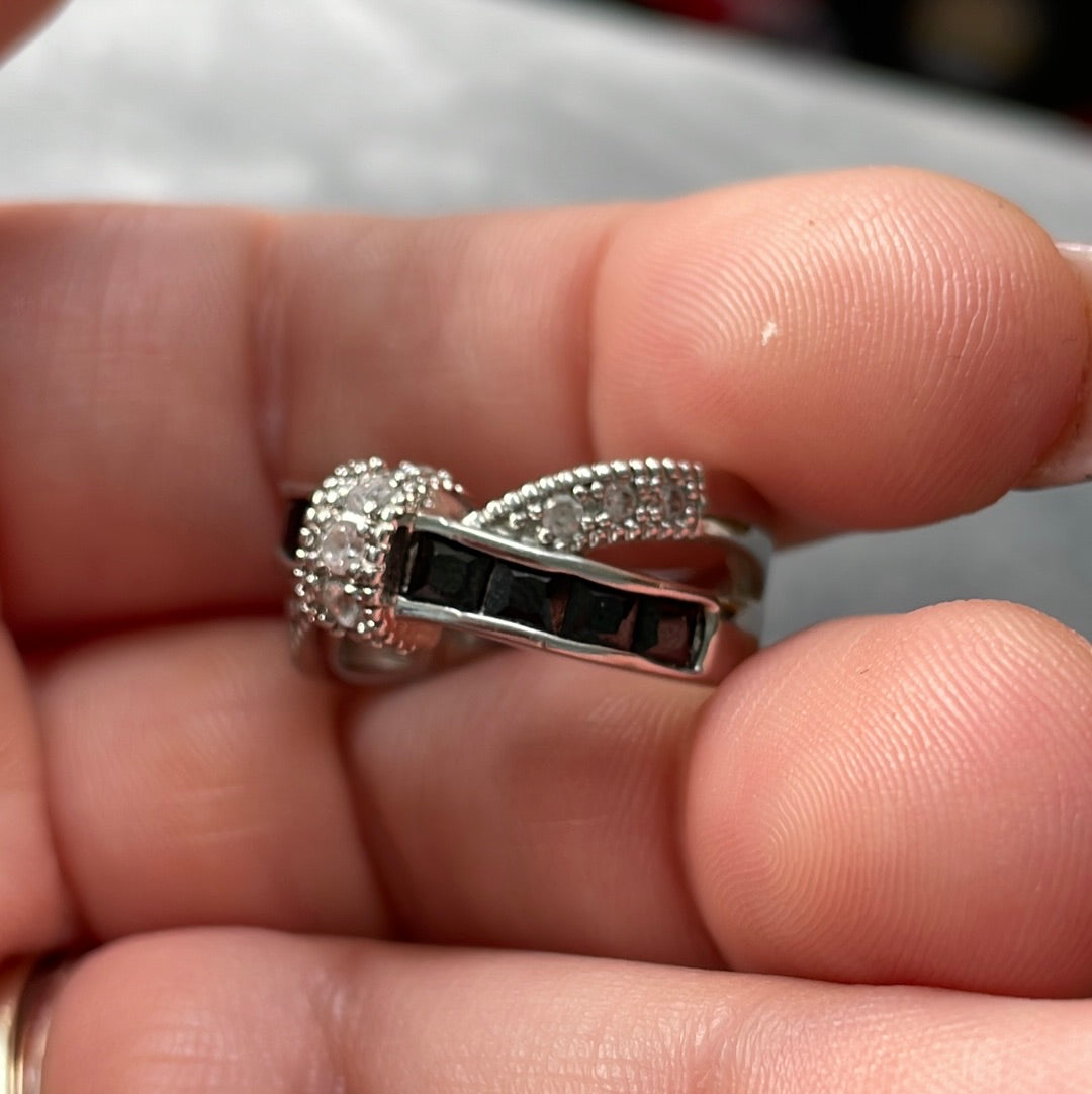 Sterling Silver Pave and CZ Black and Clear Crossover Bow Ring Size 52