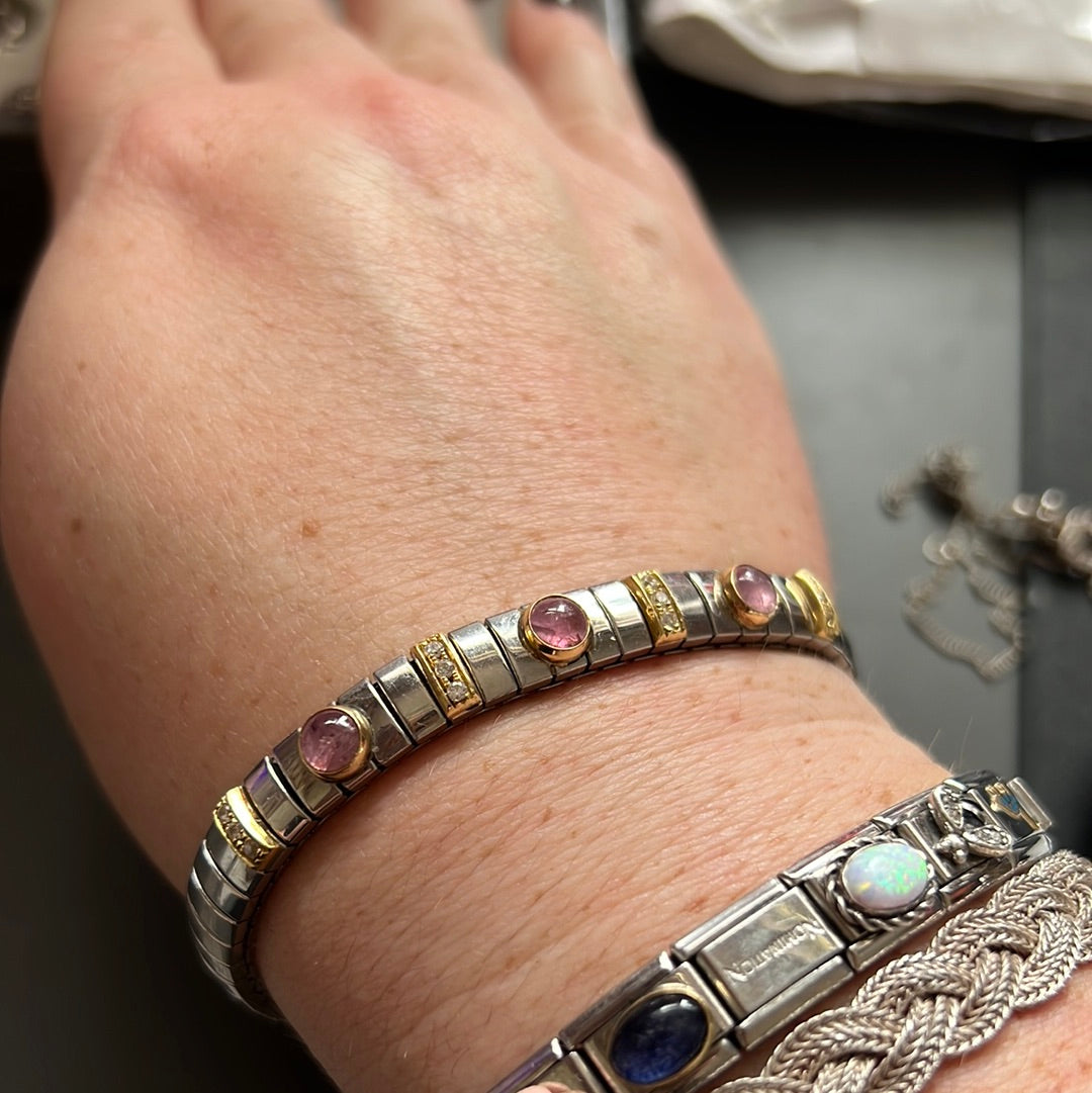 Genuine Nominations Sterling Silver Two Tone Pink Stone Stretch Bracelet