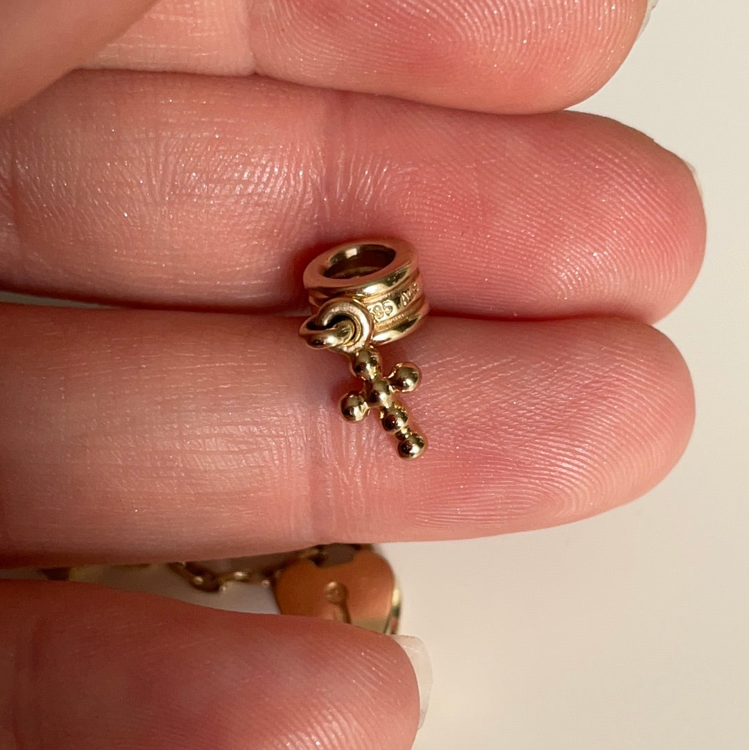 Genuine Pandora Solid 14ct Gold Beaded Cross Dangle Charm HTF