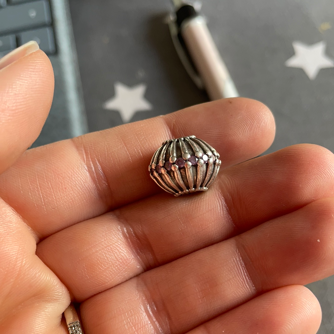 Genuine Pandora Giant XL Art Deco Line Charm With Purple CZ. Large and Heavy and Retired