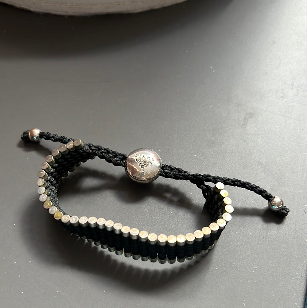 Genuine Links of London Sterling Silver Black Bracelet Cord Friendship Bar