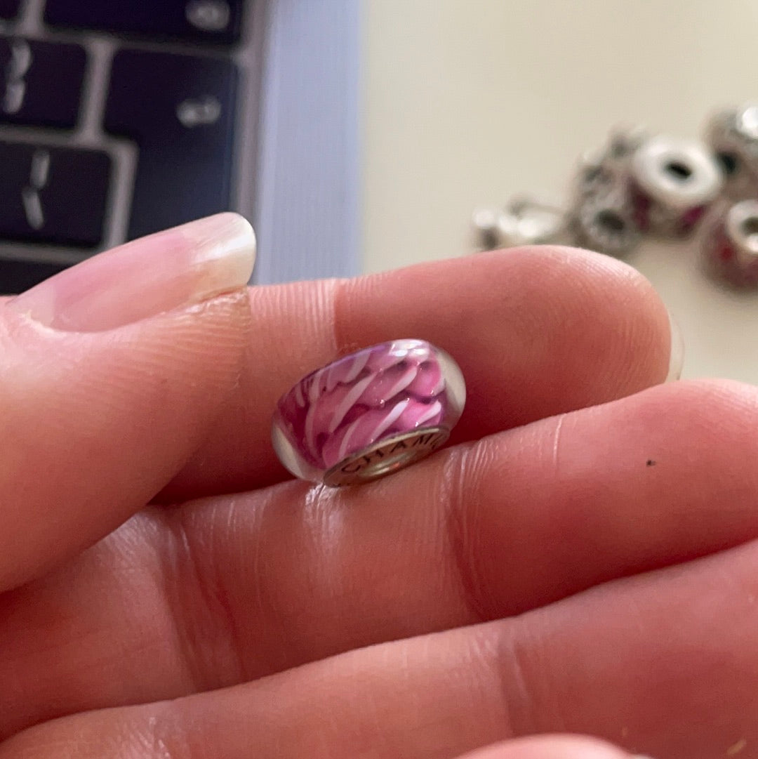 Genuine Chamilia Pink and White Knot Rope Pattern Murano Charm