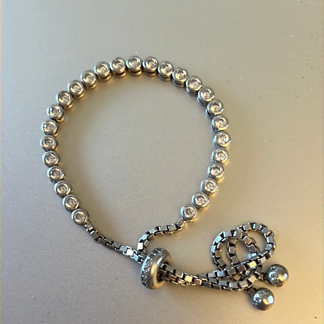 Sterling Silver Circle Pave CZ Slider Bracelet Adjustable