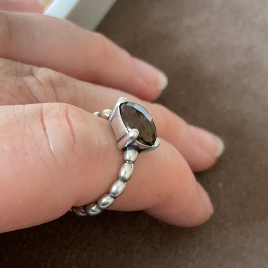 Genuine Pandora RARE HTF Brown Smoky Brown Stone Beaded Band Ring Size 54