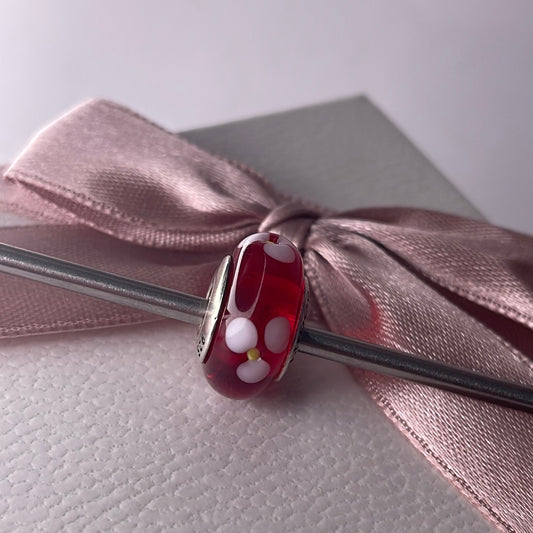 Genuine Pandora Red Murano Glass Charm With White and Yellow Flowers
