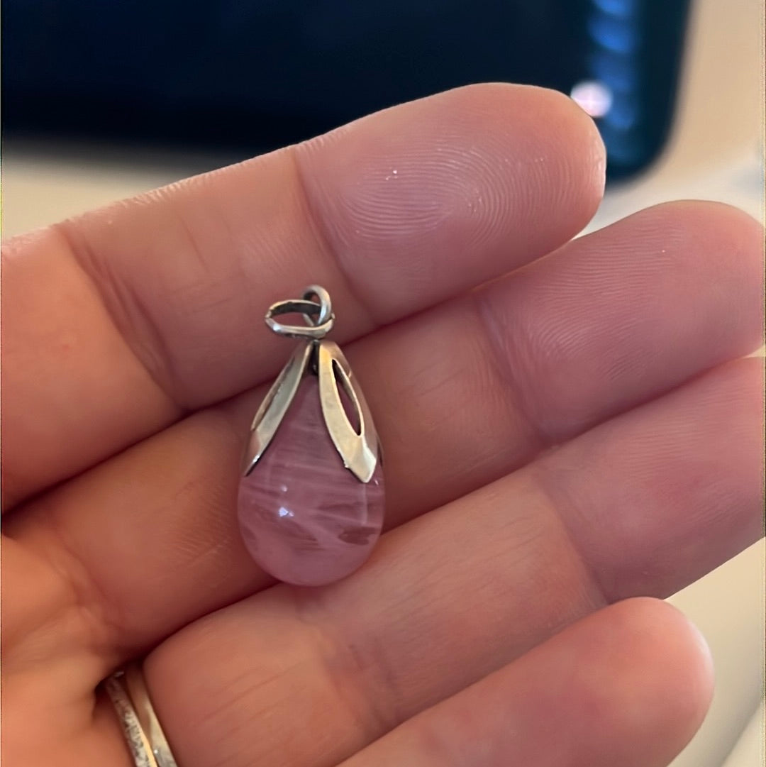 Sterling Silver Flower Pendant with Large Pink Glass Droplet