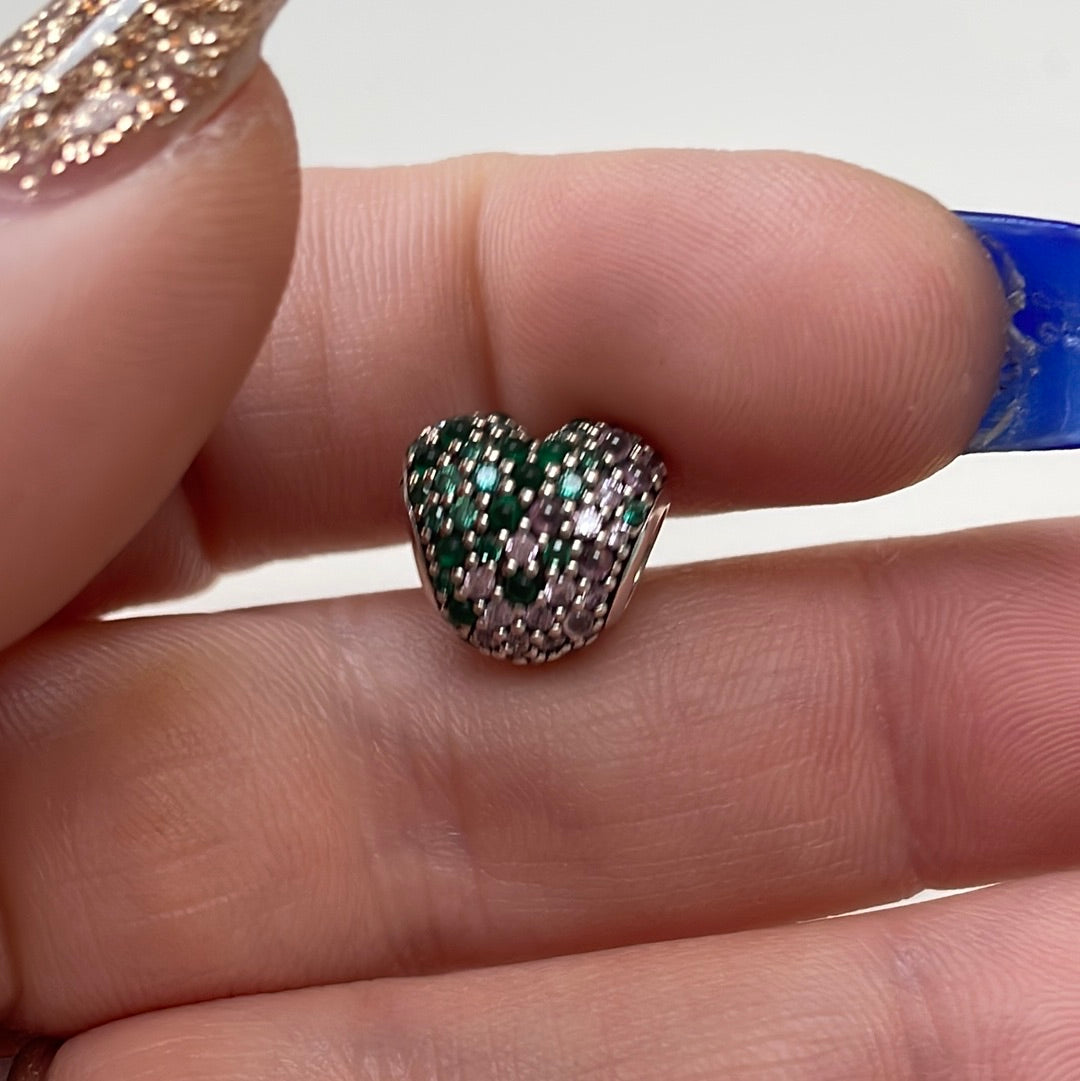 Genuine Pandora Lucky Clover Green and Clear Pave Heart Charm
