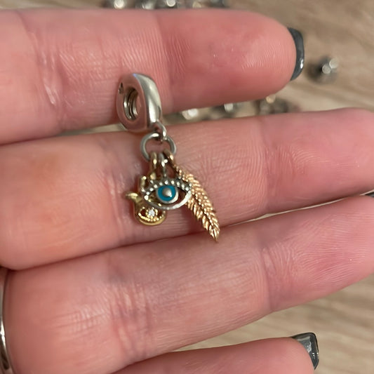 Genuine Pandora Lucky Charm Tri Tone Dangle Eye, Feather, Hamsa Hand