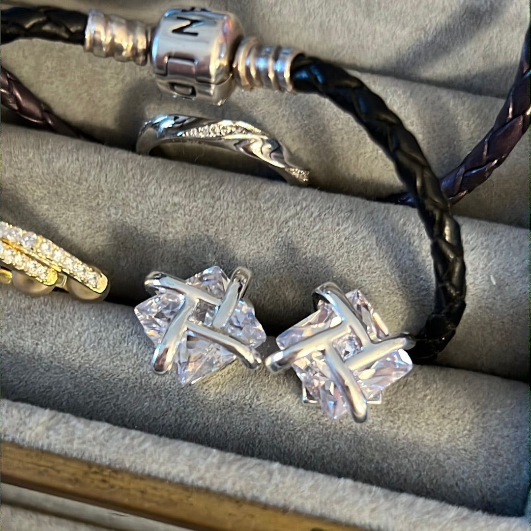 Silver Plated CZ Square Large Stud Earrings