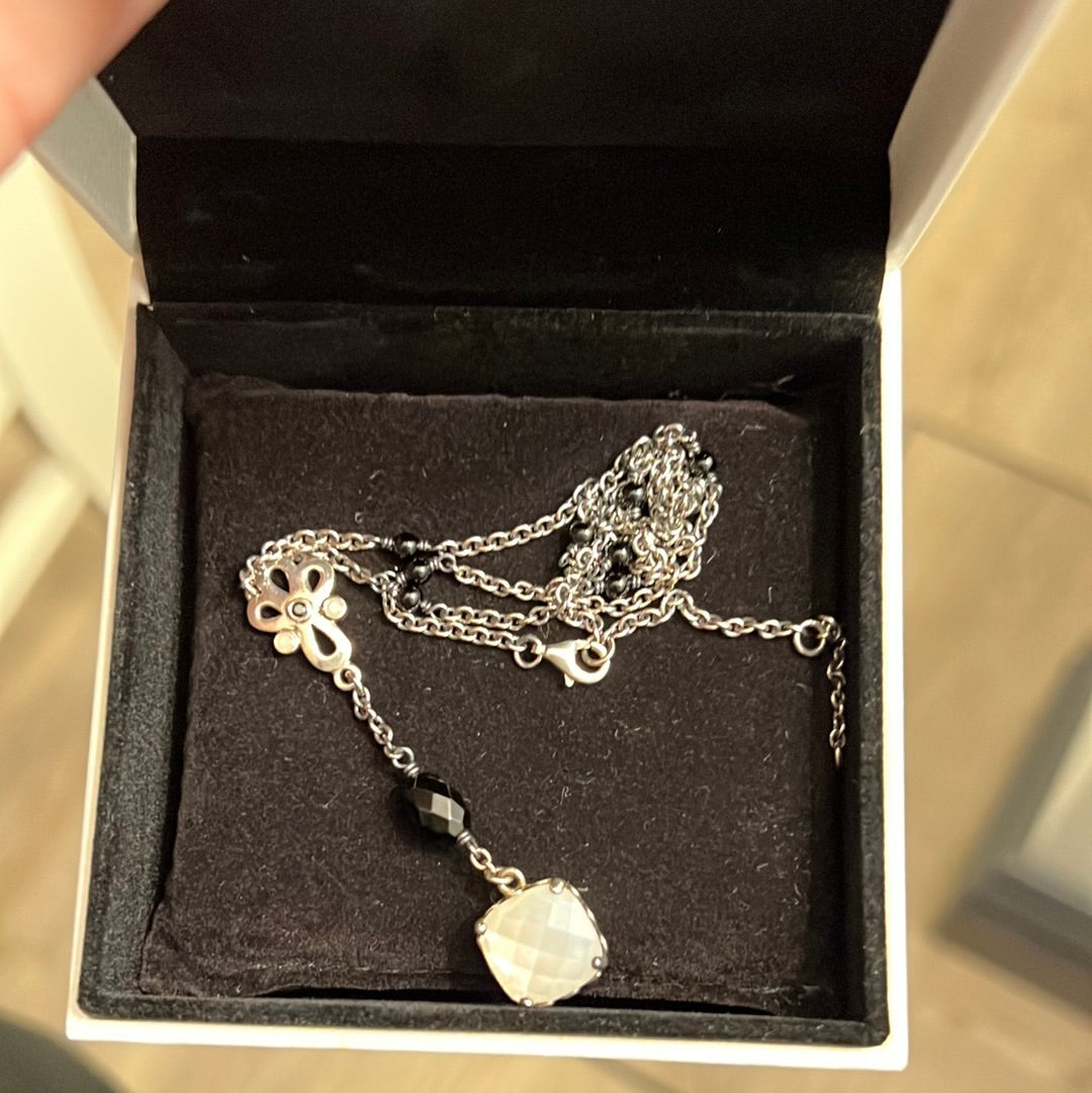 Genuine Pandora RARE and Beautiful White Pearl Mother of Pearl Pendant With Onyx Stones Necklace