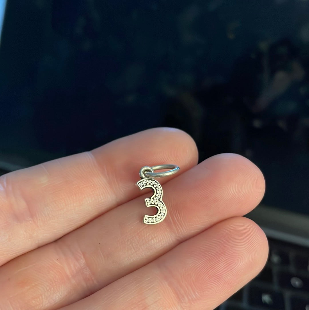 Genuine Pandora Number 3 Dangle Pave Charm