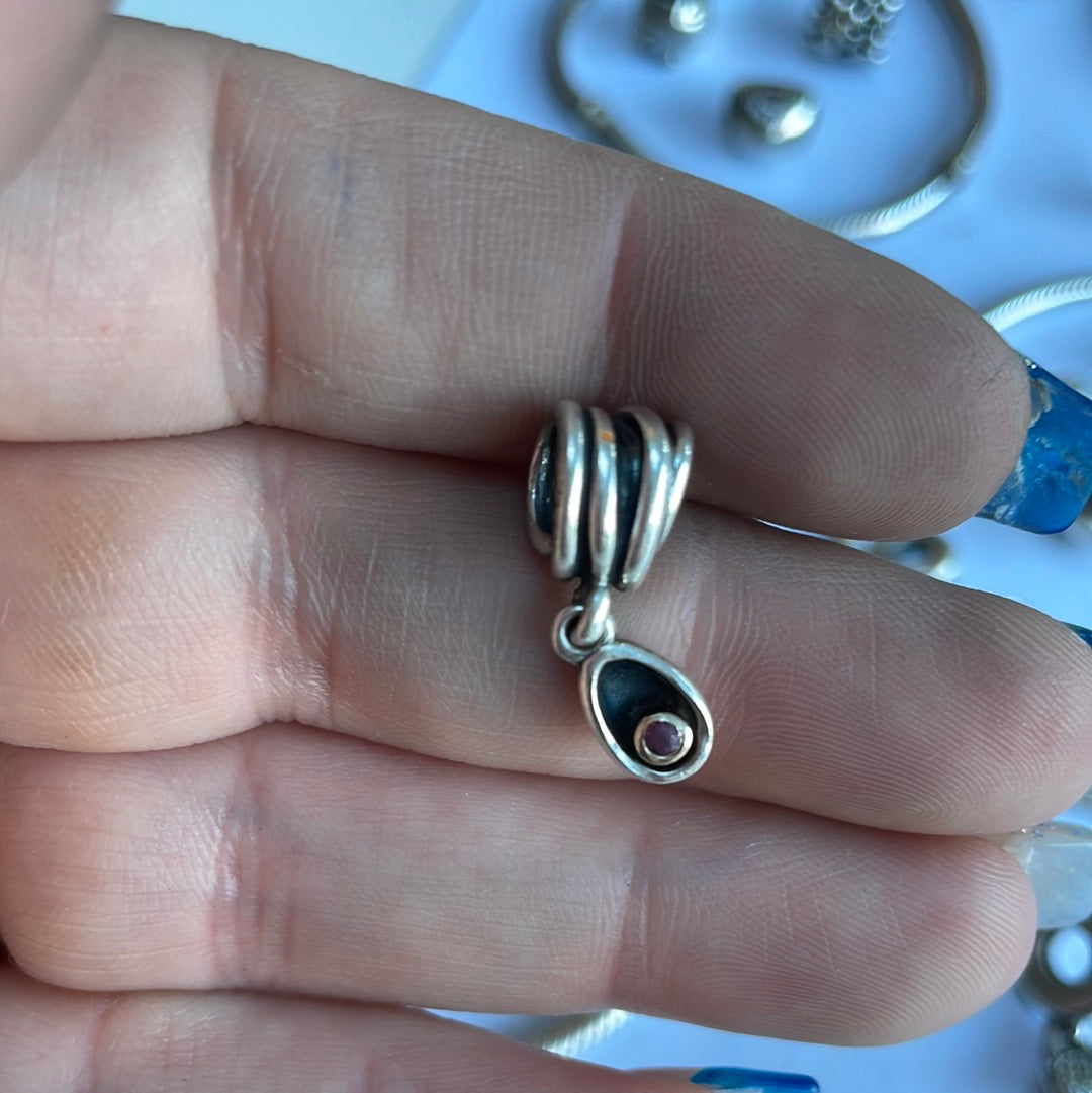 Genuine Pandora Pink Stone Rhodolite Rare Charm Two Tone HTF