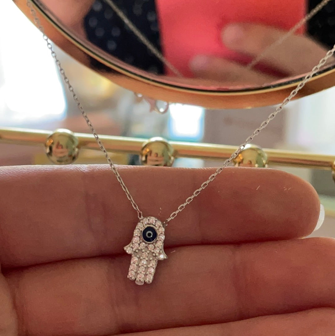 Brand New Pave CZ Small Hamsa Hand Protection Sterling Silver Necklace