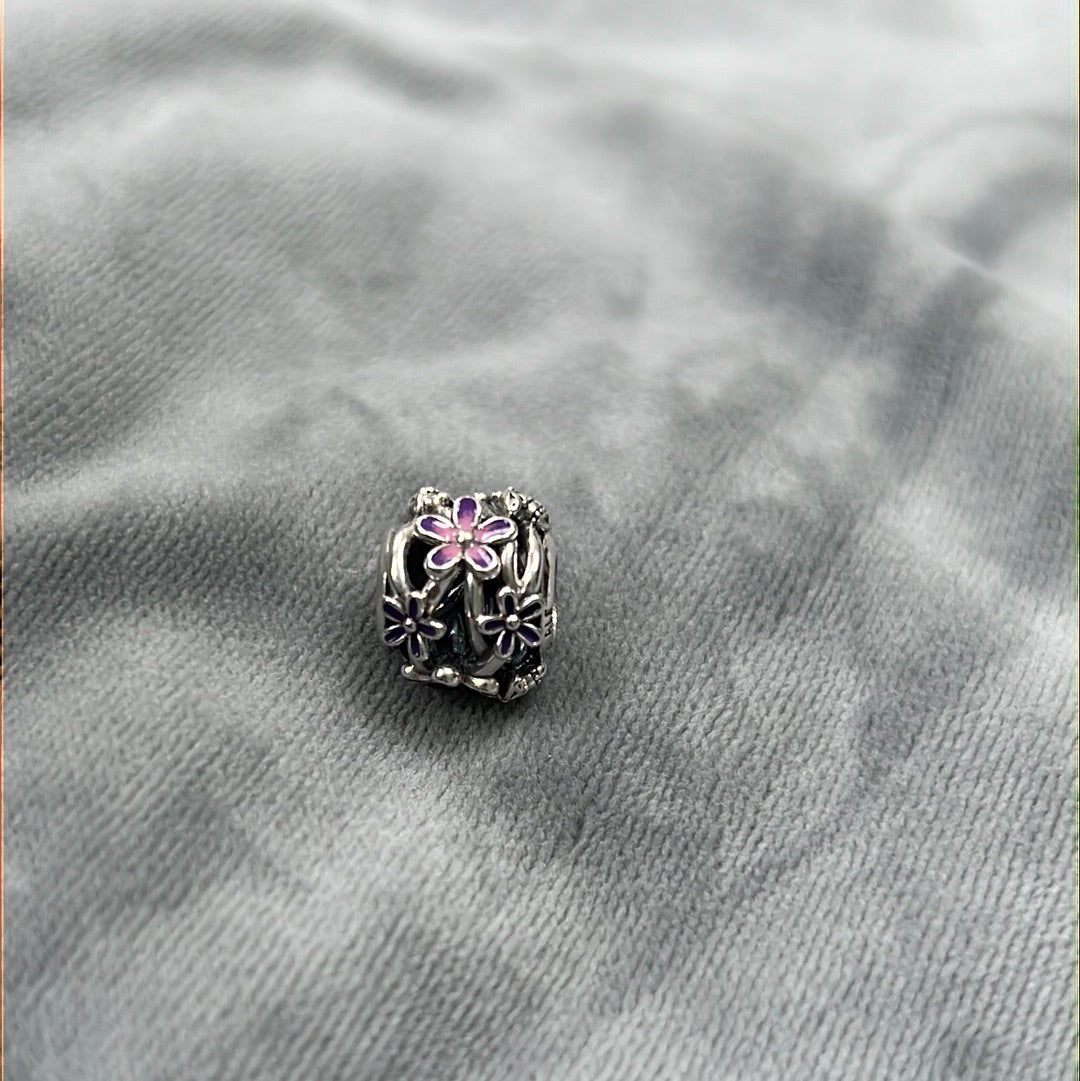 Genuine Pandora White/ Purple Enamel Flower Daisy Openwork Ladybird Bee Charm