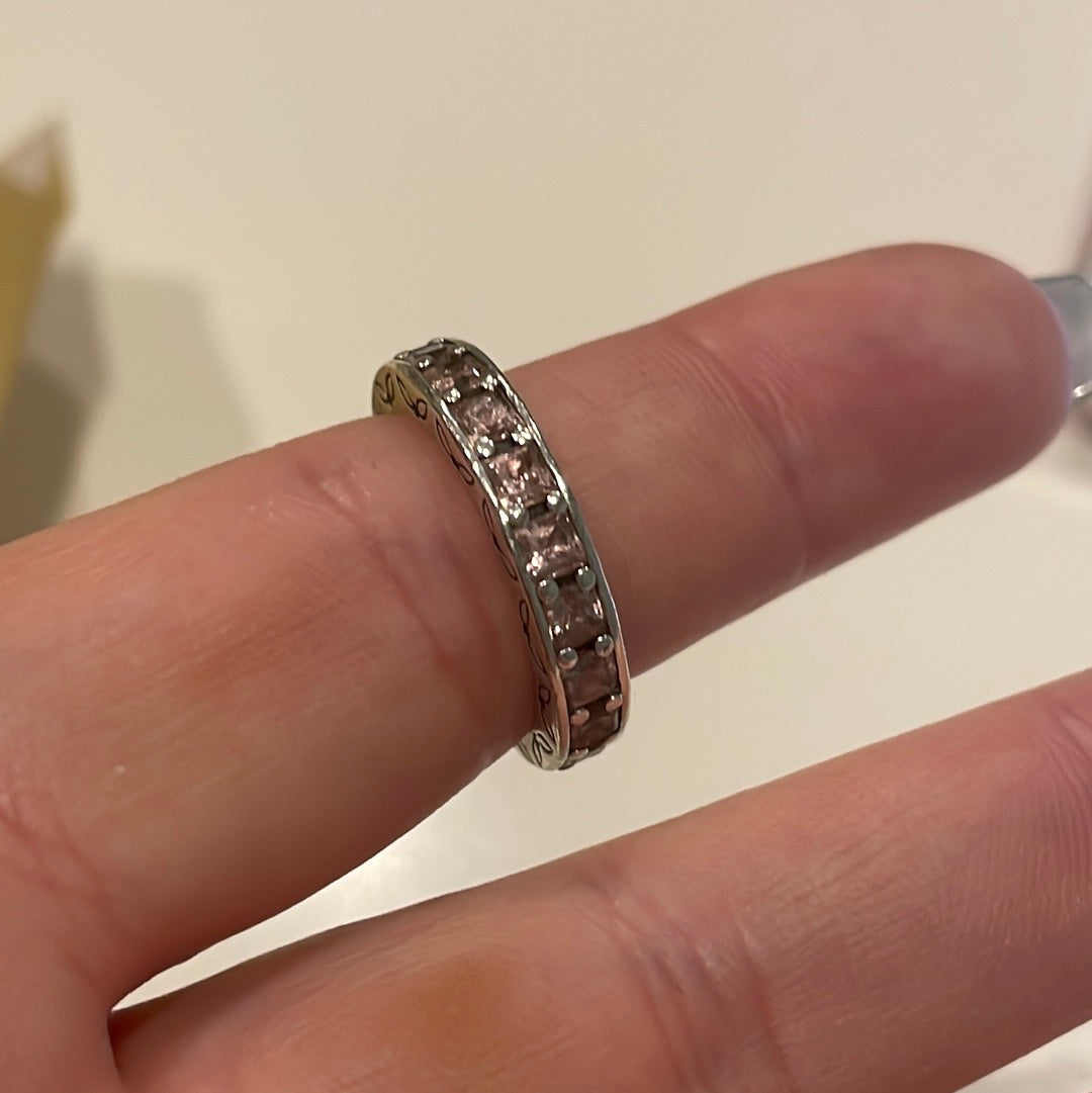Genuine Pandora Square Pink/ Clear CZ Pave Ring Eternity With Leaf Detail Size 52
