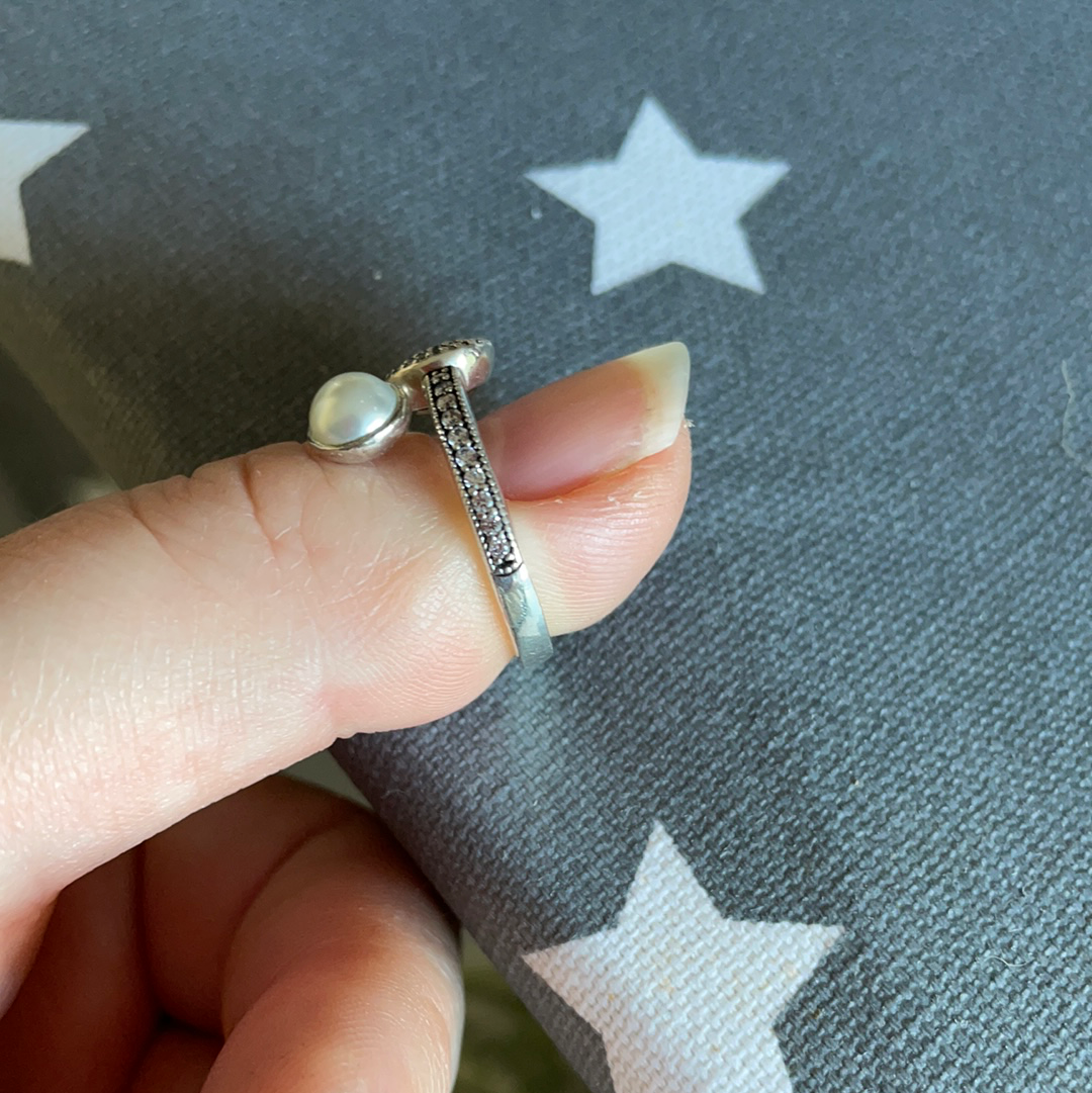 Genuine Pandora Pave Clear Stone Crossover Ring With Pearl Size 56