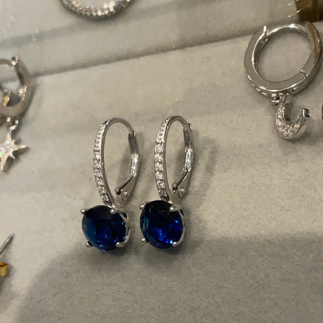 Brand New Sterling Silver Beautiful Clear Pave and Blue Stone Dangle Earrings