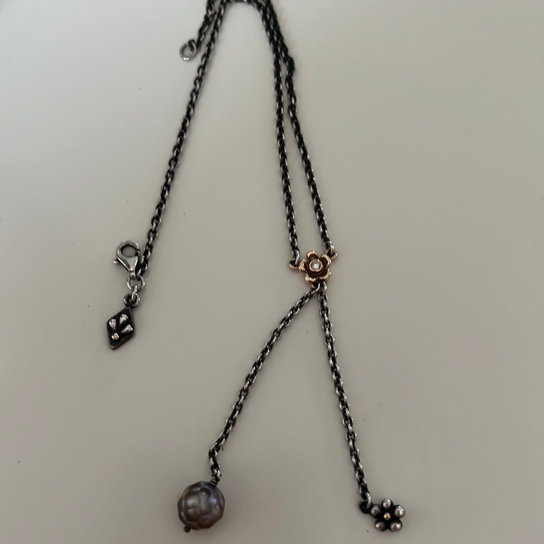 Genuine Pandora Rare Two Tone & Diamond Flower Faceted Grey Pearl Hyper Rare Necklace