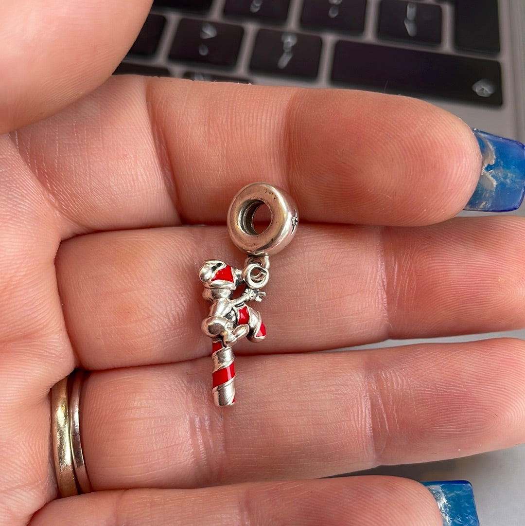 Genuine Pandora Disney Enamel Christmas Candy Cane Mickey Mouse Charm Dangle