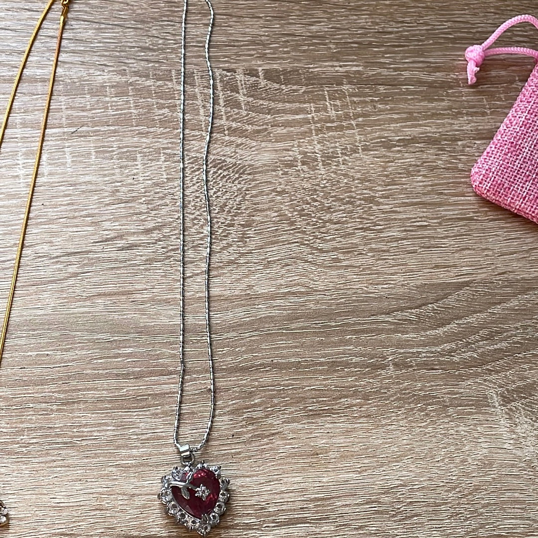 Unbranded Sterling Silver Necklace With CZ Cushioned Large Red Heart Shaped Stone Necklace With Pave Rose