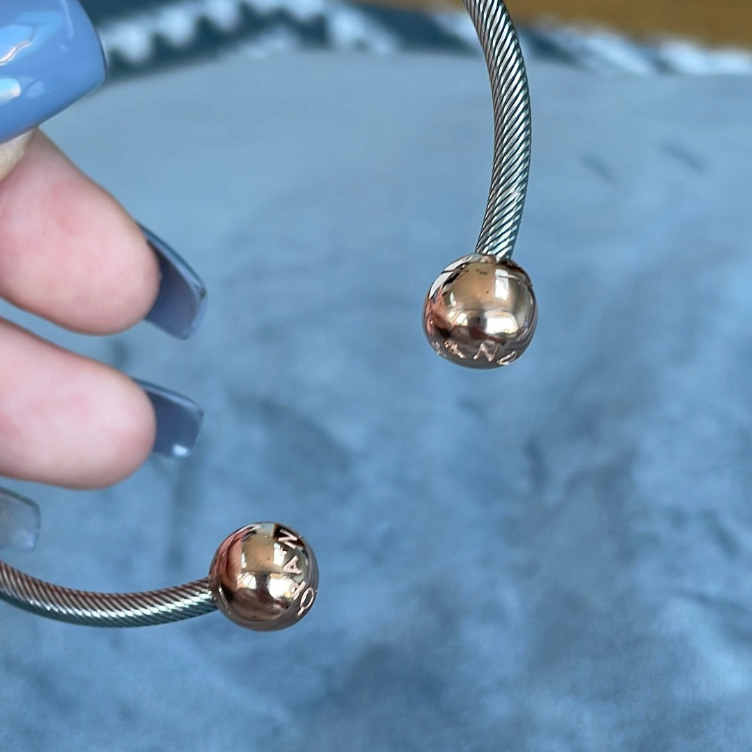 Genuine Pandora Two Tone Rose Gold Open Bangle Torque Size 3 Charm Bracelet