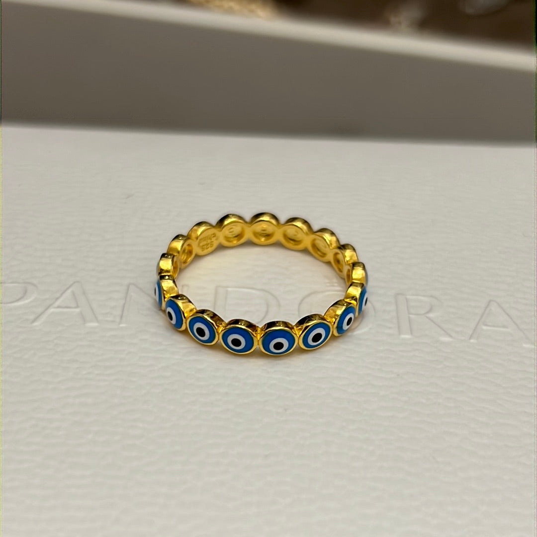 Sterling Silver Gold Plated Enamel Lucky Evil Eye Ring Ring Size 60