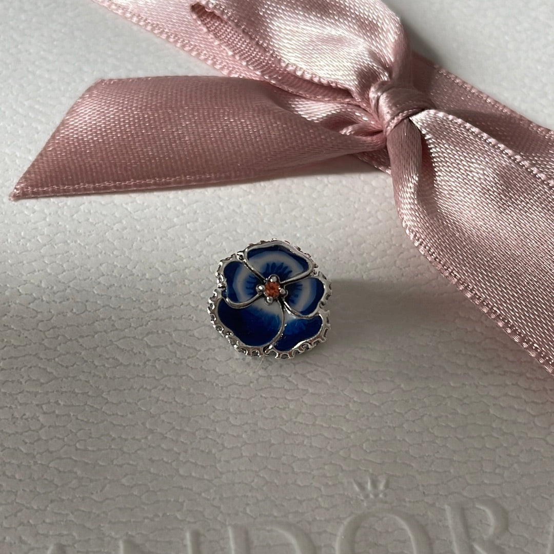 Genuine Pandora Blue Pansy Flower Pave and Enamel Charm
