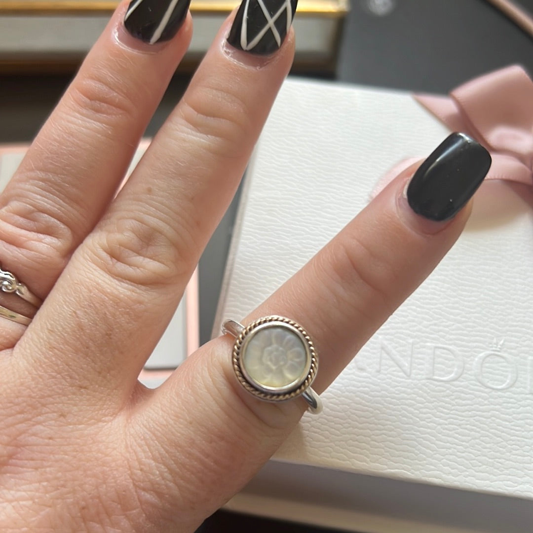 Genuine Pandora Retired Two Tone Gold Rope Mother of Pearl Ring 54
