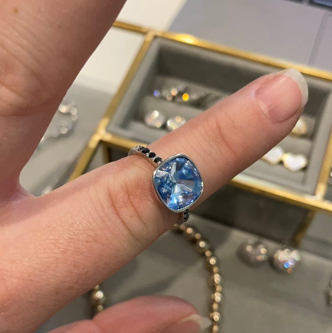 Brand New Sterling Silver Large Baby Blue Square Stone With Navy Pave Band Size 56