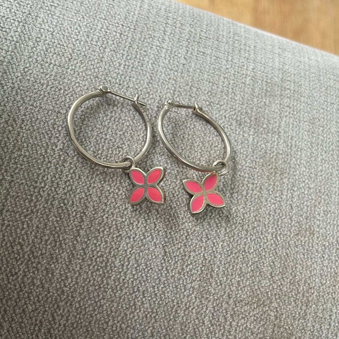 Genuine Pandora Very Rare Hoop Dangle Compose Earrings With Pink Enamel Flowers