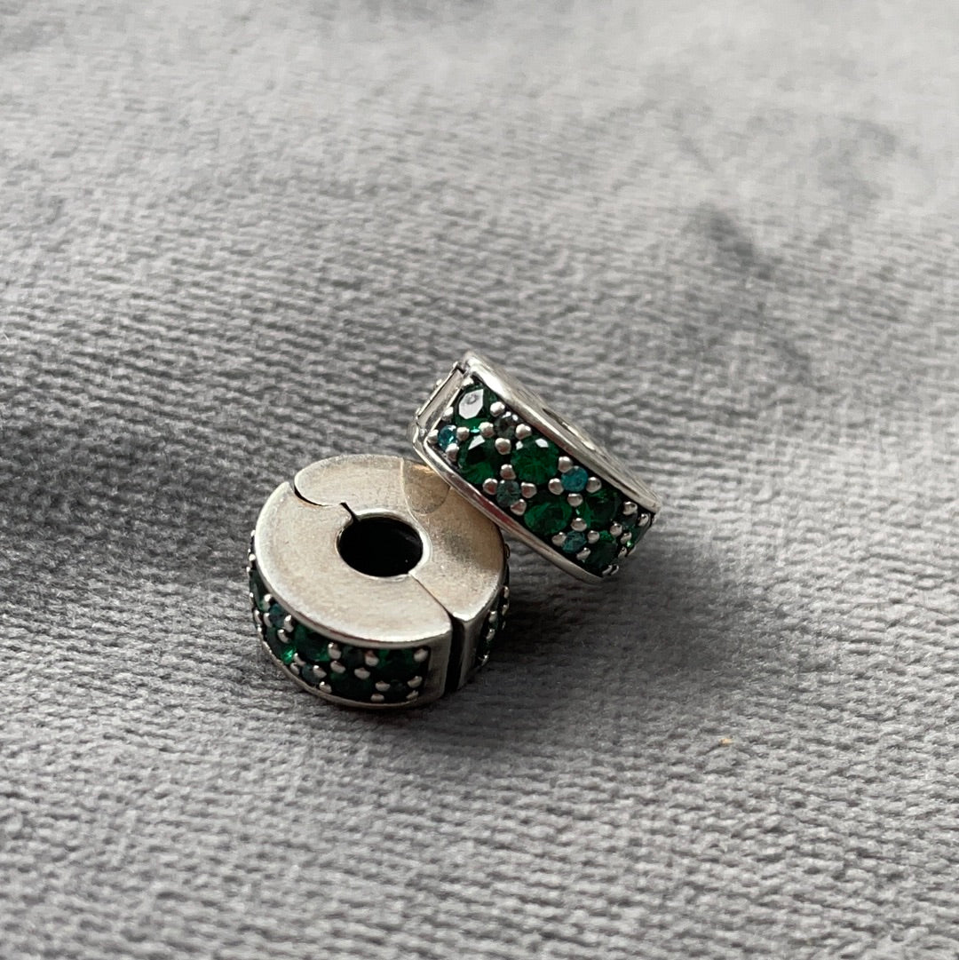Genuine Pandora Pave Emerald Green and Light Blue Silicone Insert Clip x2