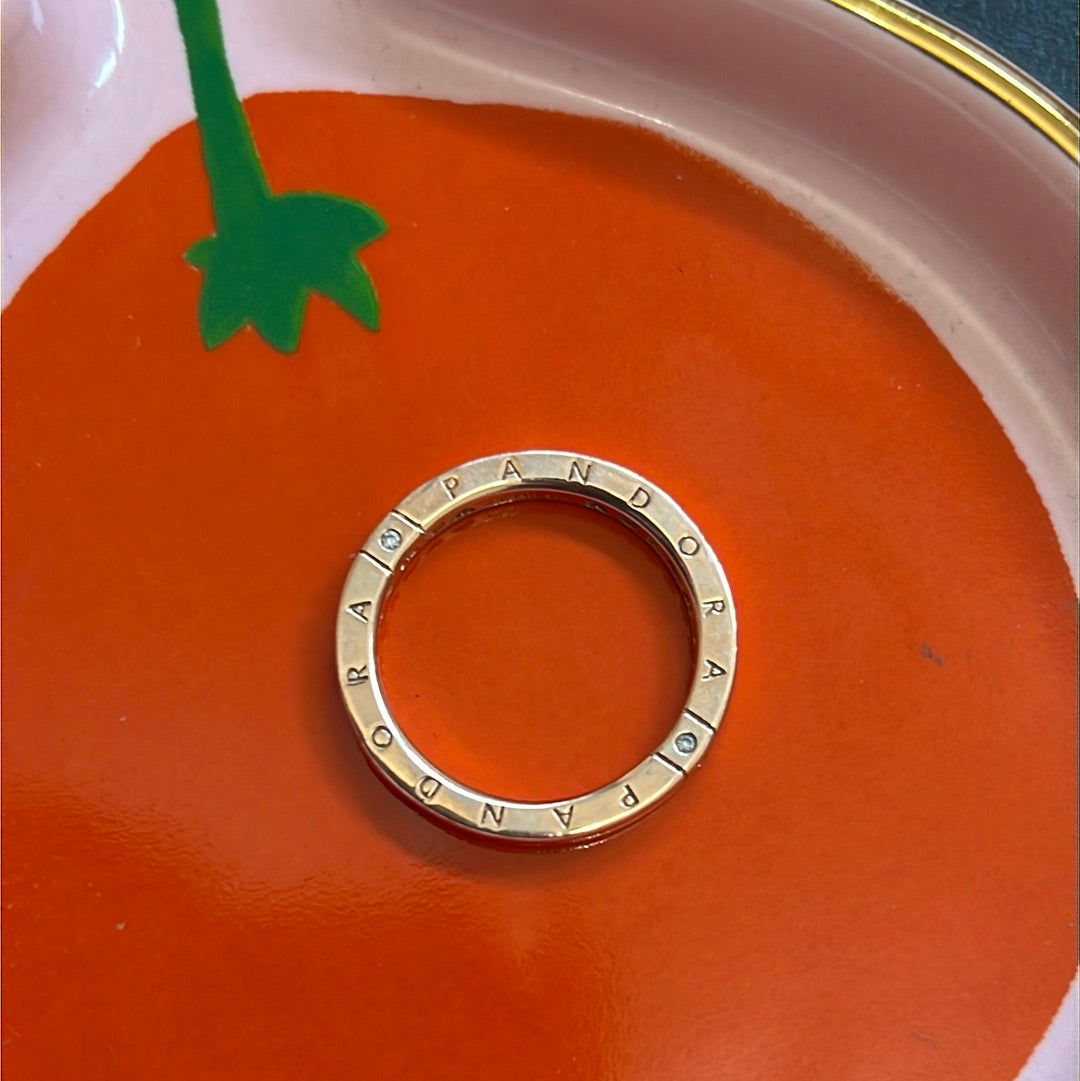 Genuine Pandora Silver / Rose Gold Logo & Hearts Ring Size..