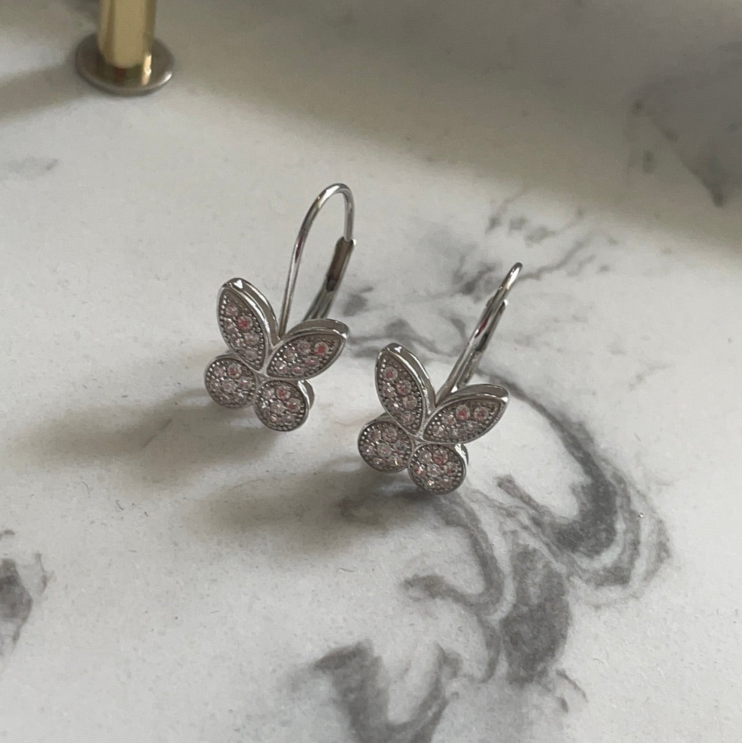 Brand New Sterling Silver CZ Pave Butterfly Hoops Dangle Beautiful