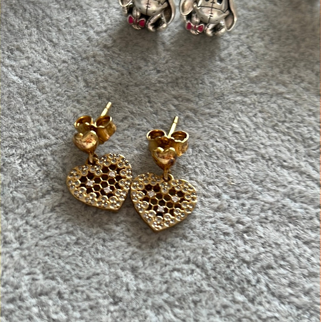 Genuine Pandora Shine Gold Pave Honeycomb Lace Stud Dangle Earrings